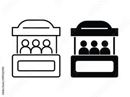 Sales booth icon Vector set black filled and outlined style. Booth or stand icon set with exhibitor. Show event ticket window counter vector symbol.