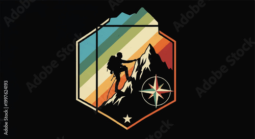 Mountain climber silhouette in retro geometric design