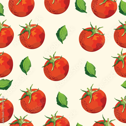 Seamless pattern with fresh tomatoes and green leaves on light background
