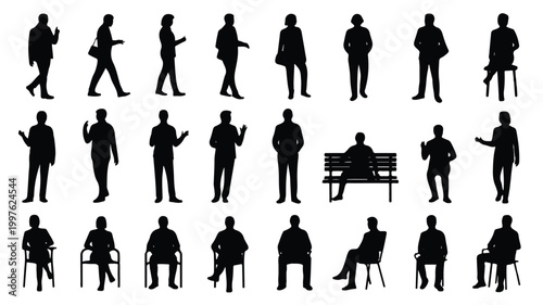 Silhouettes of people in various poses and activities on white background