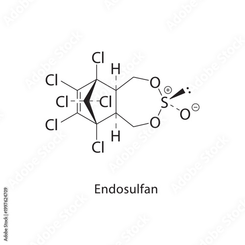 Endosulfan skeletal structure. insecticide compound schematic illustration. Simple diagram, chemical formula.