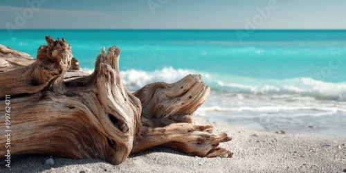 Tranquil Natural Spa on Sandy Beach with Driftwood and Turquoise Sea