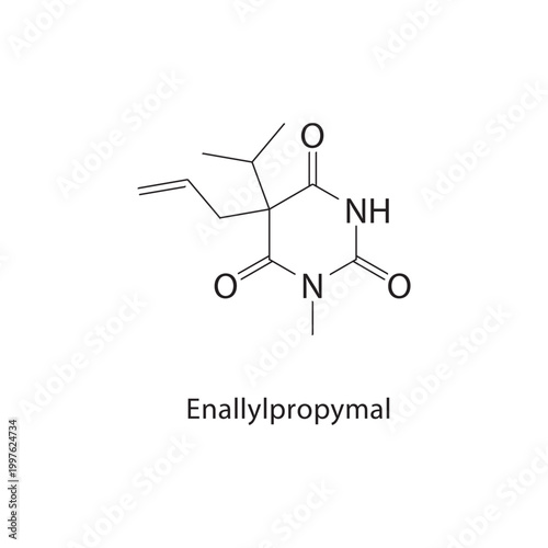 Enallylpropymal skeletal structure. sedative compound schematic illustration. Simple diagram, chemical formula.