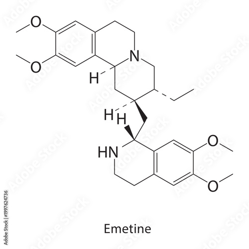 Emetine skeletal structure. alkaloid compound schematic illustration. Simple diagram, chemical formula.