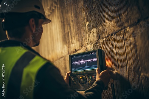 Technician generic safety gear using ultrasonic testing device massive concrete pile head screen show simple non textual waveform graph Focus raw texture of concrete glowing tech Professional