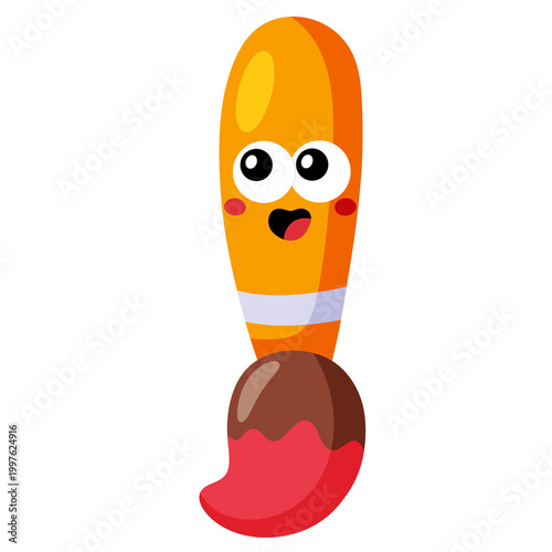 Cute cartoon paintbrush character with red paint isolated on transparent background