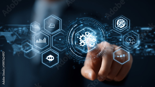 Hand interacting with digital technology interface featuring gear and globe icon, cloud data and connectivity symbols on futuristic blue background