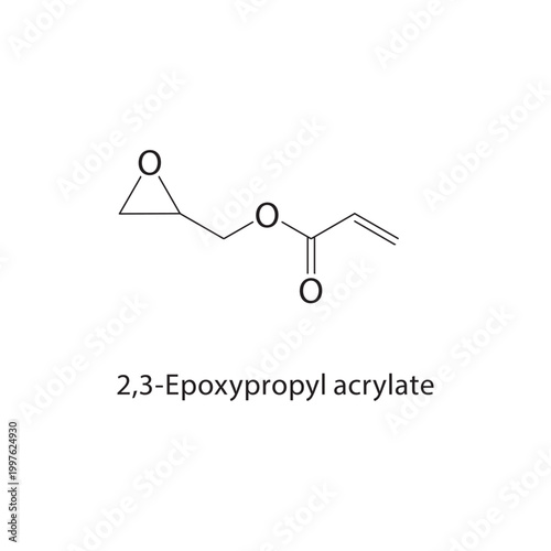 2,3-Epoxypropyl acrylate skeletal structure. ester compound schematic illustration. Simple diagram, chemical formula.