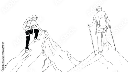 Two hikers climbing a mountain peak with backpacks and trekking poles