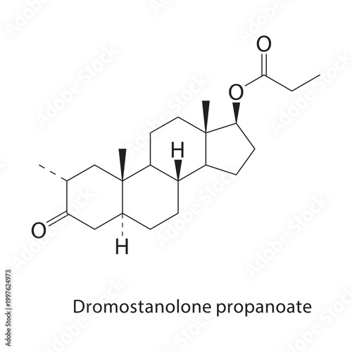 Dromostanolone propanoate skeletal structure. anabolic steroid compound schematic illustration. Simple diagram, chemical formula.