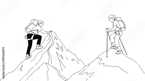 Two hikers climbing mountain peaks with backpacks and trekking poles in a line drawing style