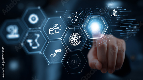 Hand interacting with digital technology interface featuring gear and globe icon, cloud data and connectivity symbols on futuristic blue background
