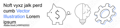 Financial planning, innovation, productivity, investment, creativity, workflow management. Piggy bank, lightbulb gear in minimal design. Financial planning and innovation concepts