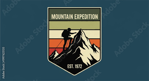 Mountain expedition emblem silhouette of climber ascending peak