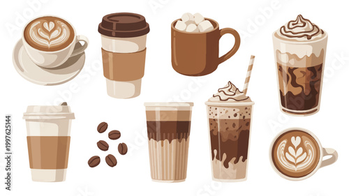 Various coffee drinks and cups on white background