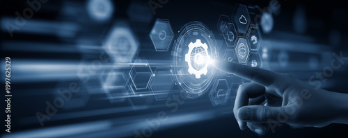 Hand interacting with digital technology interface featuring gear and globe icon, cloud data and connectivity symbols on futuristic blue background