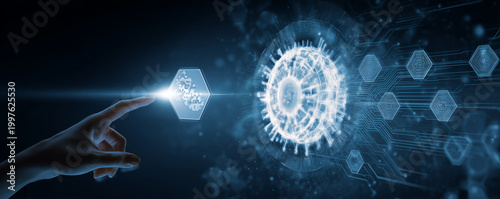 Hand interacting with digital technology interface featuring gear and globe icon, cloud data and connectivity symbols on futuristic blue background