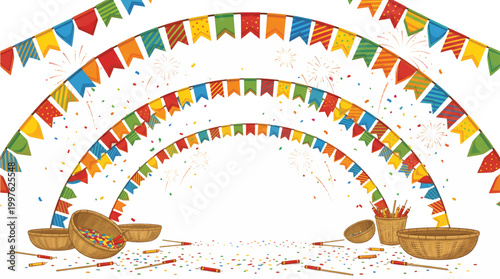 Festive Carnival Celebration Background with Colorful Bunting Flags and Fireworks