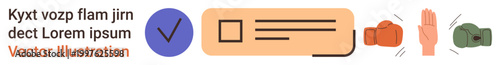 Approval processes, decision-making, conflict resolution, verification, communication, teamwork. A checkbox and boxing gloves with a hand gesture emphasizing resolution concepts. Approval