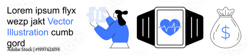 Healthcare innovation, financial growth, fitness tracking, technology trends, scientific analysis, data visualization. A smartwatch with heart monitor, a researcher and a money bag. Healthcare