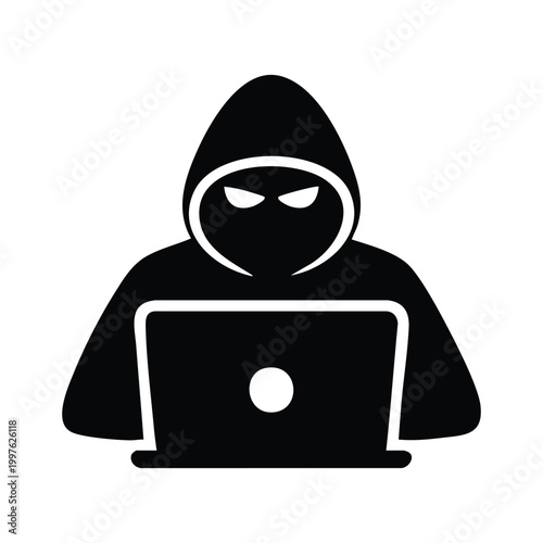 Hacker, cybercrime, online security threat, black hoodie icon, vector illustration