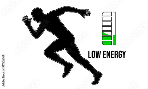 Exhausted Runner Low Battery Symbol, Energy Level Concept Vector Design