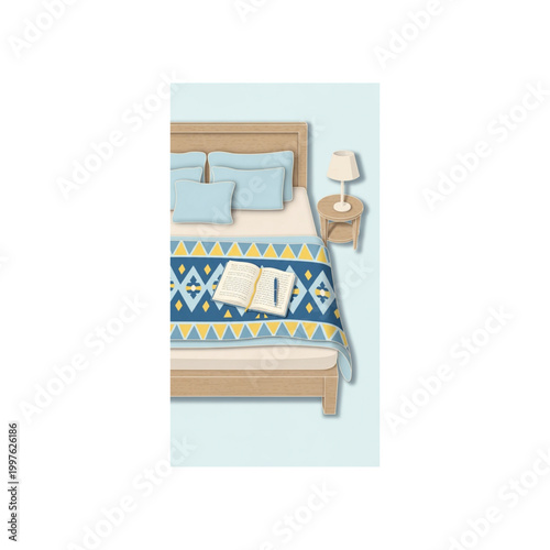 Cozy bed with decorative throw and open journal on nightstand  