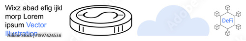 Cryptocurrency, decentralized finance, fintech, cloud computing, blockchain technology, digital economy. Coin symbol, cloud shape DeFi network graphic. Cryptocurrency and decentralized finance