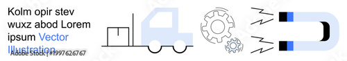 Supply chain, delivery services, logistics, manufacturing, cargo transport, efficiency. A truck with cargo, gears mechanisms and a magnet attraction. Supply chain and logistics concepts