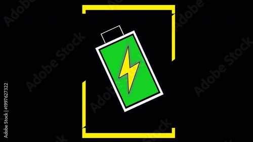 Battery charging animation loop with lightning icon, 4K flat style battery level indicator with alpha channel