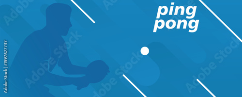 A horizontal background with a ping-pong theme. Minimalistic style, a pleasant blue color scheme, and a clear silhouette of the athlete. Suitable for websites, social media, or printed materials