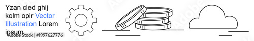 Technology, financial systems, innovation, data storage, cloud computing, fintech applications. Gear icon, stacked coins and a cloud drawn in minimal strokes. Technology and financial systems