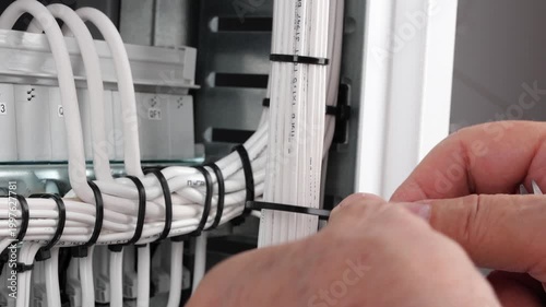 Installation of a plastic nylon tie on electrical insulated mounting wires. Close-up.