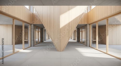 Modern architectural office interior with wooden triangle structure and glass