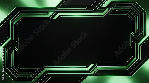 Futuristic black tech frame background with neon green circuit board pattern and copy space