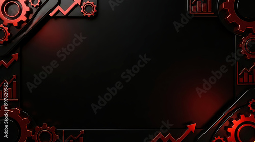 Industrial Business Growth Background with Red Gears, Financial Charts and Copy Space on Dark Metallic Surface