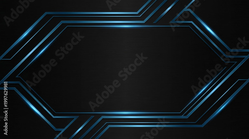 Futuristic dark blue metallic frame on black brushed carbon background with glowing cyan circuit lines and ample central copy space for technology and gaming banner