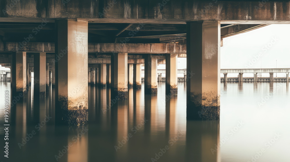 Fototapeta premium Concrete bridge pillars form a rhythmic architectural pattern, their strong lines mirrored in glassy water, evoking stability, support, industry and tranquil symmetry