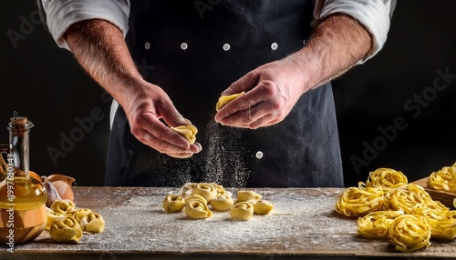 chef preparing fresh homemade pasta with tortellini and tagliatelle