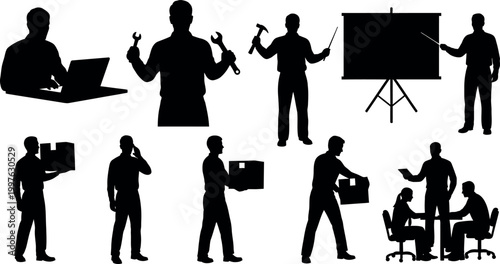 Business silhouettes diverse professionals engaged in various workplace activities