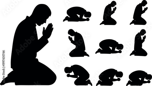 Silhouettes of a person praying in various poses a collection of devotional imagery