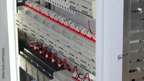 Electrical panel for organizing the power supply of the house on circuit breakers. Close-up. Soft focus. 