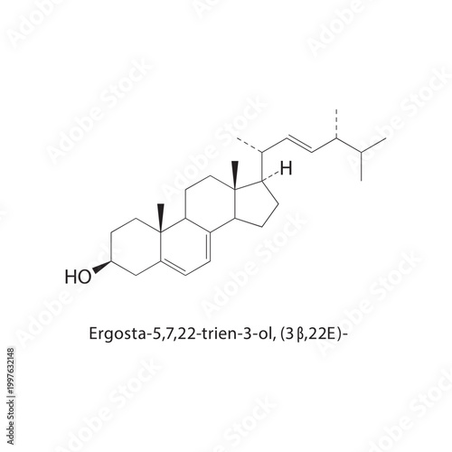Ergosta-5,7,22-trien-3-ol (3β,22E) skeletal structure. sterol compound schematic illustration. Simple diagram, chemical formula.