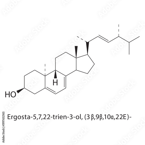 Ergosta-5,7,22-trien-3-ol (3β,9β,10α,22E) skeletal structure. sterol compound schematic illustration. Simple diagram, chemical formula.