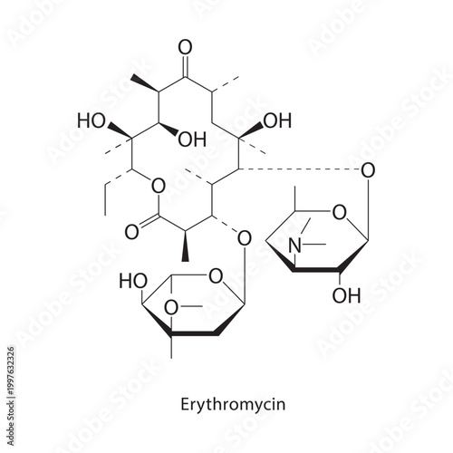 Erythromycin skeletal structure. macrolide antibiotic compound schematic illustration. Simple diagram, chemical formula.