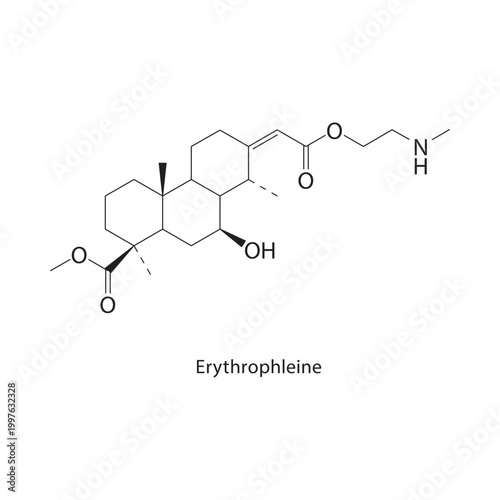 Erythrophleine skeletal structure. alkaloid compound schematic illustration. Simple diagram, chemical formula.