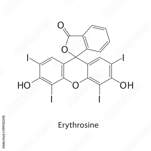 Erythrosine skeletal structure. dye compound schematic illustration. Simple diagram, chemical formula.