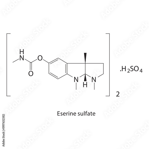 Eserine sulfate skeletal structure. acetylcholinesterase inhibitor compound schematic illustration. Simple diagram, chemical formula.
