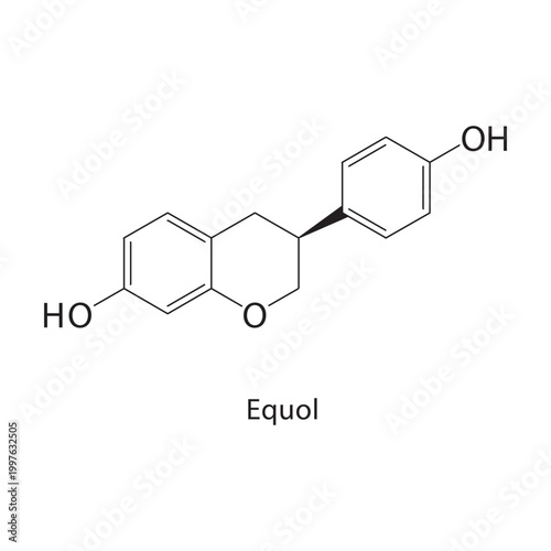 Equol skeletal structure. isoflavonoid compound schematic illustration. Simple diagram, chemical formula.