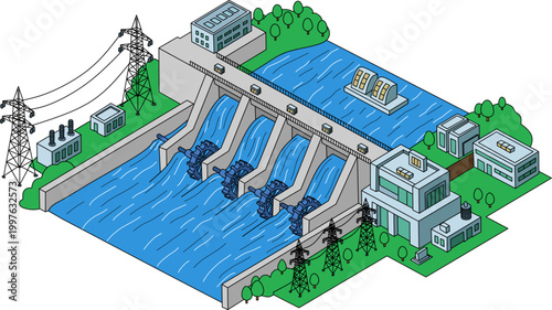 Technology dam in a power plant harnesses flowing waters energy. Suitable for renewable energy, future technology, hydroelectric power concepts.